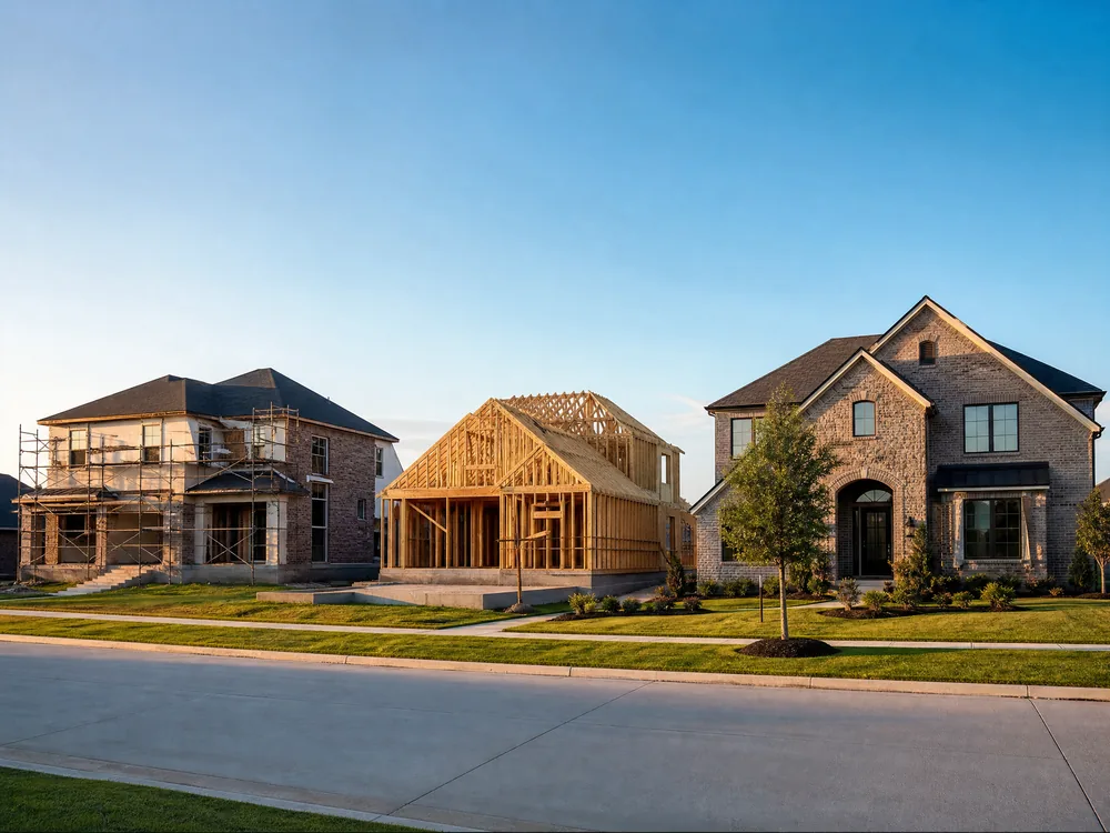 A neighborhood streetscape showing a renovation, a ground-up build, and a finished home